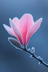 Poster - Macro shot of a tender pink magnolia bud perched on winter-stripped branches, delicate frost