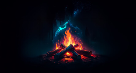 Aufkleber - A vibrant campfire blazes in the darkness, casting a warm orange and blue glow. Logs crackle with intense heat, illuminating the night scene.
