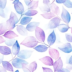 Watercolor seamless pattern with pastel purple and blue leaves on white background.