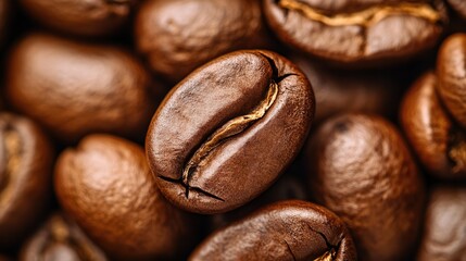 Fototapete - Close-up of roasted coffee beans showcasing texture and warmth in cozy brown tones with a standout bean
