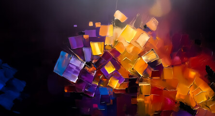 Aufkleber - Abstract art with textured, colorful cubes against a dark background. Vibrant shades of yellow, orange, purple, and blue create a dynamic and modern composition.