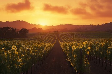 Aufkleber - Beautiful vineyard at sunset with lush green vines under a warm orange sky