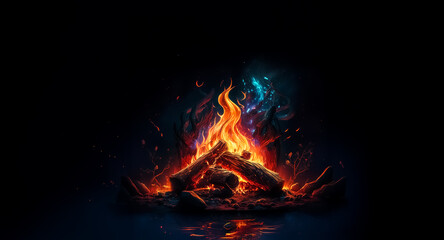 Aufkleber - A glowing campfire burns brightly against a dark backdrop. Logs are ablaze, casting orange and red flames with a hint of blue. The fire illuminates the surrounding area.