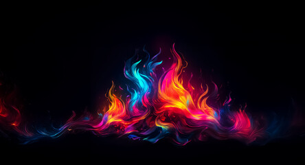 Poster - Vibrant abstract fire bursts with rainbow hues against a stark black backdrop. Colorful flames dance dynamically in an artistic display.