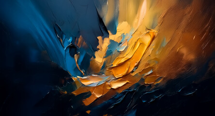 Leinwandbilder - Abstract artwork featuring dynamic brushstrokes and rich textures, blending shades of blue, orange, and yellow in an expressive style.