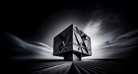Fototapete - A stark geometric cube dominates the scene under a dramatic sky.  Contrasting light and shadow accentuate its modern, abstract design and architectural presence.