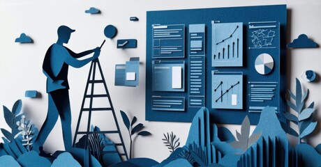 Paper cutout of designer moving interface elements on touchscreen deep navy and muted silver symbolizing responsive web design