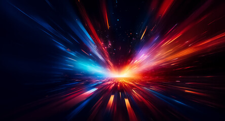Fototapete - Abstract image features dynamic streaks of vibrant blue and red light emanating from a central point, creating a sense of speed and energetic burst against a dark backdrop.