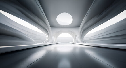 Poster - Abstract, smooth white futuristic corridor featuring flowing curved walls and a bright circular light source at the end. Reflective shiny floor.