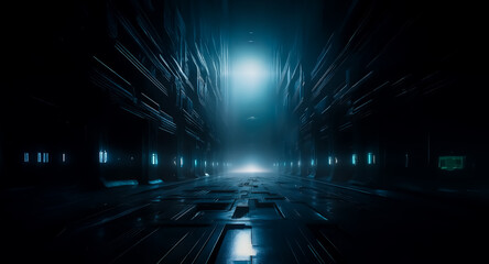 Poster - Dark futuristic tunnel illuminated by a bright light at the end.  Sleek metallic walls and floor create a sense of depth and technological advancement.