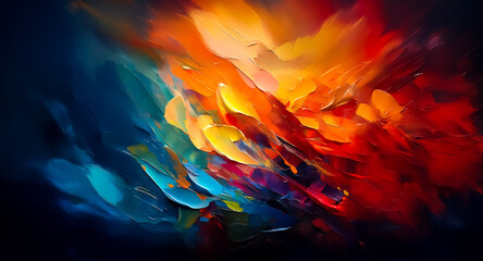 Fototapete - Vibrant abstract painting featuring a dynamic burst of warm and cool colors. Expressive brushstrokes create a sense of movement and depth in this artistic piece.