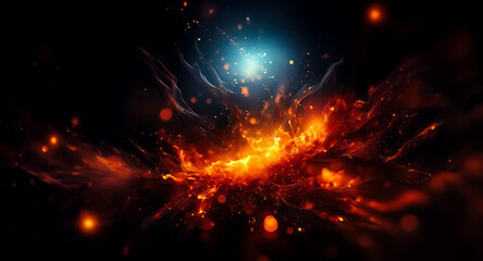 Fototapete - A vibrant fiery explosion bursts forth from the dark, casting bright sparks and glowing embers in an abstract display of energy and light.