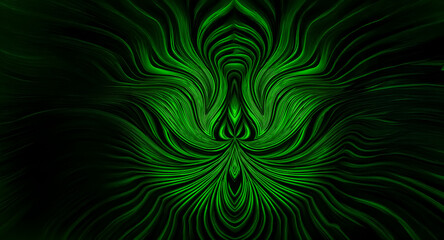 Fototapete - Symmetrical abstract design in vibrant green hues on a dark background. Flowing organic shapes resemble plant forms or abstract flames, dynamic visual.