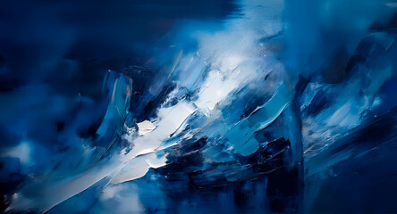 Aufkleber - Abstract artwork featuring dynamic brushstrokes in shades of deep blue and white. The painting creates a sense of movement and evokes feelings of tranquility.
