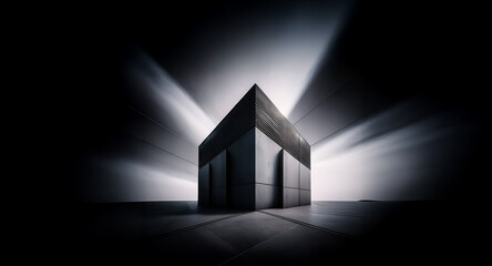 Fototapete - Dramatic, geometric building with sharp angles in a dark setting. Light rays emanate from behind, highlighting its modern architecture and creating a stark contrast.