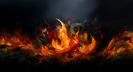 Leinwandbilder - Vivid abstract flames leap from the darkness, painted with dynamic brushstrokes in warm shades of orange, red, and yellow, creating a fiery glow.