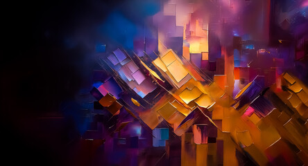 Fototapete - Vibrant abstract digital art with dynamic geometric shapes in shades of orange, yellow, blue, and purple and dark backdrop. It evokes energy