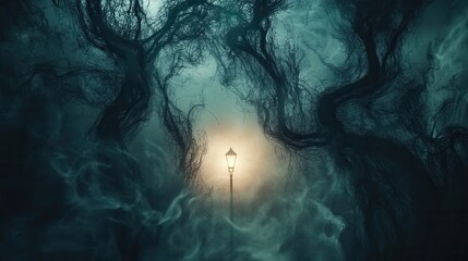 Poster - Dark misty forest with eerie fog and a dim street lamp revealing twisted tree silhouettes at twilight