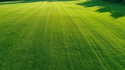 Vast green field with sunlit grass and tree shadows in summer.