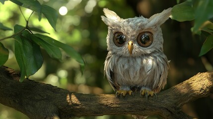 A plush owl toy with intricate feather details, perched on a tree branch, its large glass eyes reflecting the surrounding greenery.
