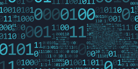 Abstract binary code cloud background. AI learning on data cyber field. Futuristic digital technology.