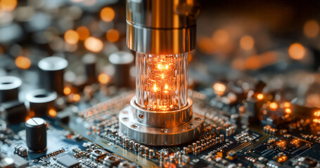 Fototapete - A detailed view of advanced quantum computing technology showcasing a glass tube emitting light, set against a backdrop of complex circuit board components, symbolizing innovation in computing.