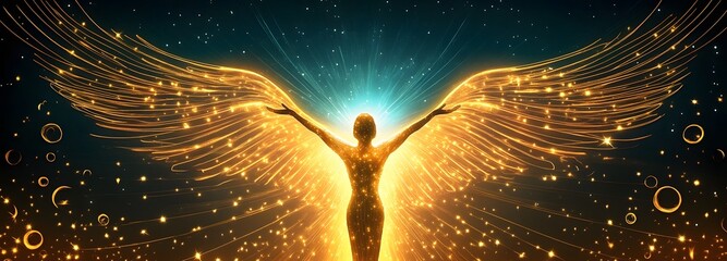 Wall Mural - a celestial guardian with radiant wings, standing in a temple made of light