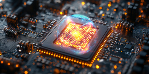 Poster - A quantum computing chip is illuminated by bright lights, showcasing qubits in superposition and entanglement. This intricate circuit board represents advanced algorithms and optimization techniques.