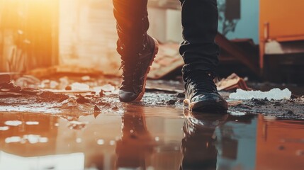 Poster - Male legs in black pants and sneakers standing in a flooded, abandoned house with puddles and frozen drops. Sunlight filtering through, showing the aftermath of a natural disaster