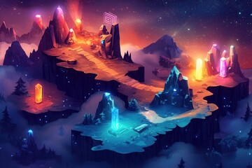 Aufkleber - Exploring a colorful isometric terrain with dynamic lighting effects and 3D elements in a vibrant gaming universe