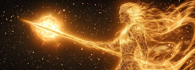 Wall Mural - a celestial warrior in golden armor, wielding a sword made of pure energy