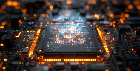 Fototapete - A detailed view of a quantum computer circuit board, featuring illuminated qubits and their interactions. This illustration emphasizes concepts of superposition and entanglement in modern computing.