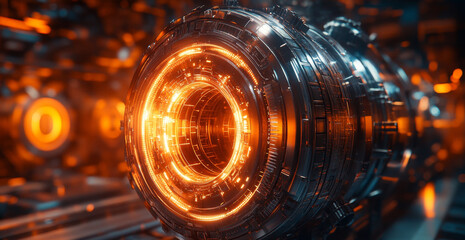 Fototapete - A close-up view showcases a complex quantum processor with vibrant orange glowing elements. This highlights the advanced technology behind qubits, entanglement, and optimization processes.
