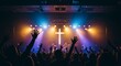 © Moody - Church worship with raised hands and cross on stage. Religious, spiritual design perfect for faith, church, or concert themes.
