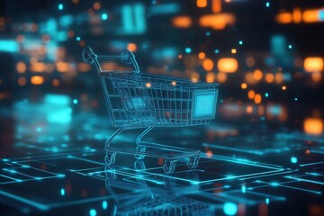 Fototapete - Futuristic shopping cart floating in digital realm with glowing holographic interface and cyberpunk aesthetics