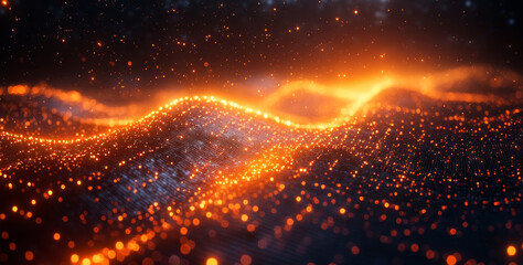 Fototapete - An abstract visualization showcases quantum computing principles, featuring glowing particles that represent qubits, superposition, and entanglement in a dynamic landscape.