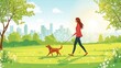 © indyntk - A professional pet sitter walking a dog in a peaceful park, with trees, grass, and a relaxed, sunny atmosphere.