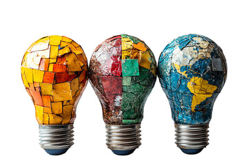 Poster - Three artistic light bulbs in vibrant colors, showcasing creativity and innovation against a white isolated background.