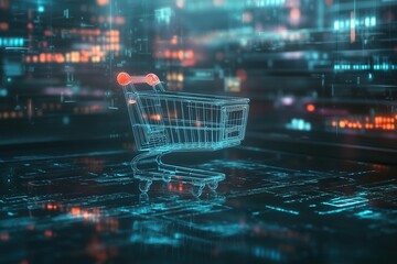 Poster - Futuristic shopping cart floats in a glowing digital space with cyberpunk aesthetics