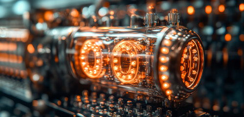 Fototapete - Complex quantum computing apparatus showcases glowing qubits in superposition.