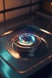 © artbot - Close-up of a gas stove burner igniting with vibrant blue flames, set in a modern kitchen with soft lighting and utensils in the background