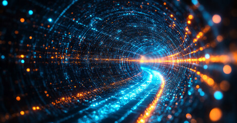 Fototapete - Within a vivid digital tunnel, streams of blue and orange light manifest quantum phenomena like superposition and entanglement, illustrating complex data and algorithms moving in an abstract space.