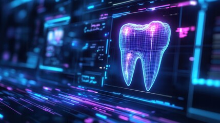 Fototapete - Futuristic neon wireframe dental implant in a high-tech medical interface showcasing advanced technology and sci-fi aesthetics