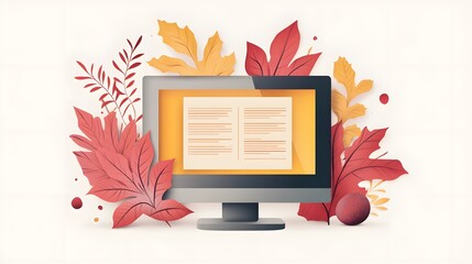 Modern computer monitor displaying web page with elegant leaf decoration for professional workspace