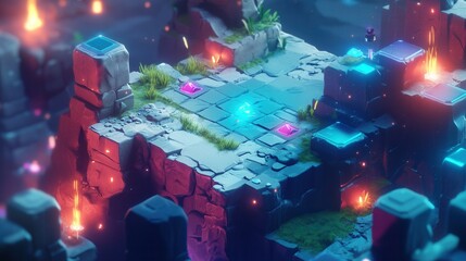 Aufkleber - Isometric gaming-inspired landscape featuring vibrant terrain, dynamic lighting, and interactive UI elements set in a mystical environment