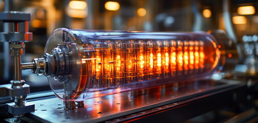 Leinwandbilder - A quantum computing apparatus is illuminated inside a lab. The transparent cylinder contains active qubits, showcasing processes like superposition and entanglement.