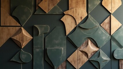 Poster - a unique wooden mosaic pattern with geometric shapes on a textured surface 