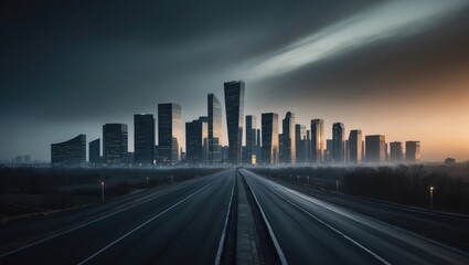 Wall Mural - panoramic view of skyline and contemporary commercial office structures with an unoccupied road. asp