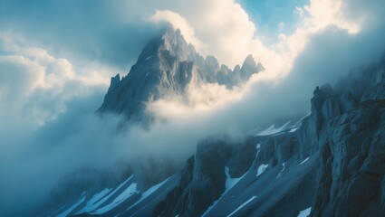 Wall Mural - summit of the mountain rising above the fog.