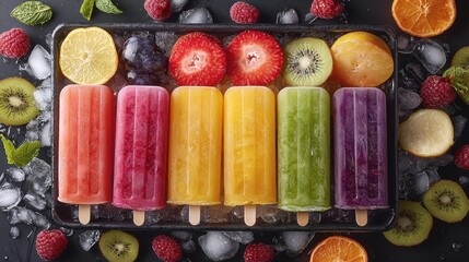 Wall Mural - Colorful Aerial View of Tray Filled with Assorted Fruit Popsicles